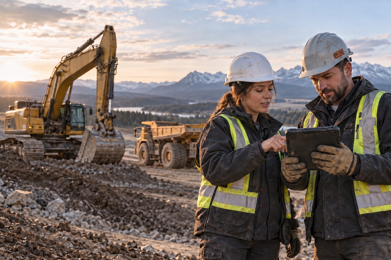 Illustrative field crew coordinating work beside heavy equipment