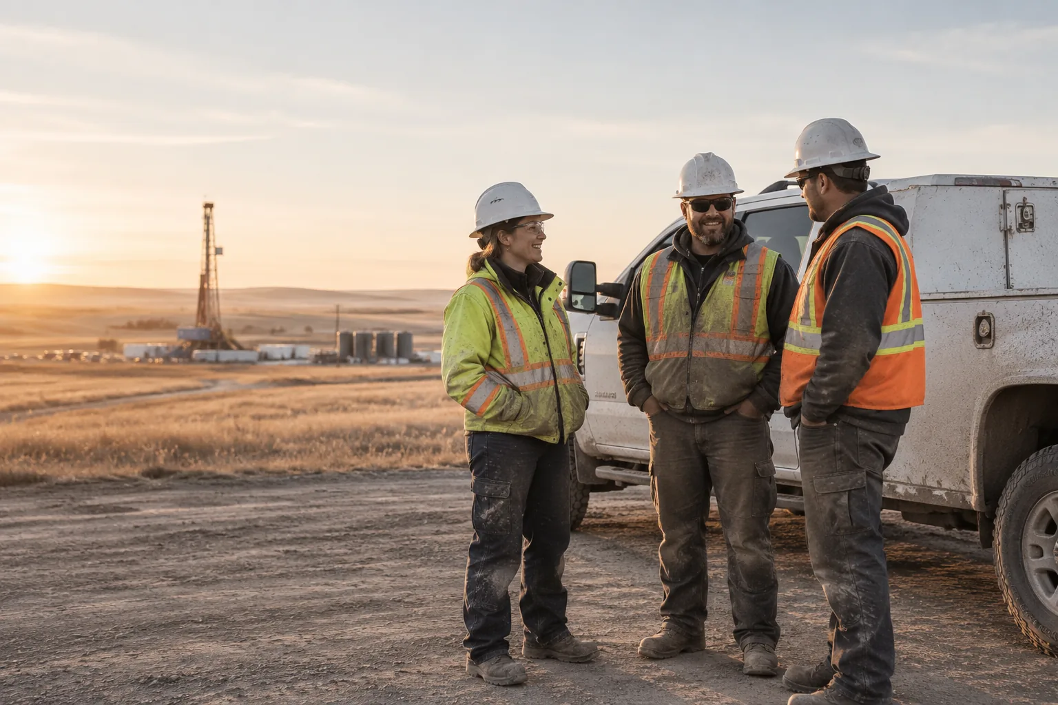 Illustrative field crew talking beside a service truck at sunrise